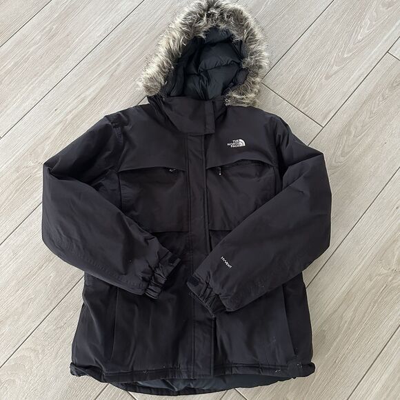 The North Face Jacket Womens XL Black Goose Down Faux Fur Coat Parka Hyvent - Picture 1 of 14
